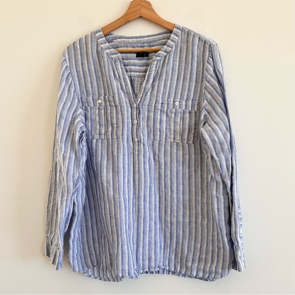 Talbots Tops - Talbots blue striped button front long sleeve linen popover shirt size XL
